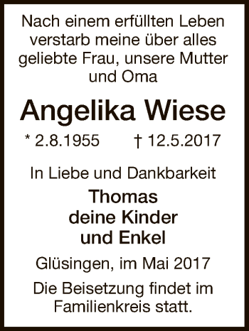 Traueranzeige von Angelika Wiese von Uelzen