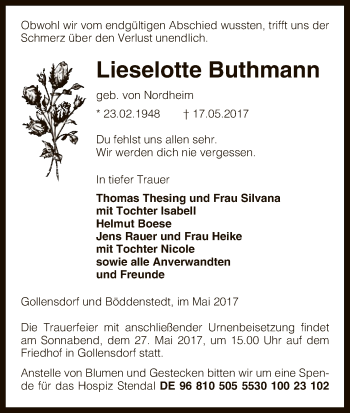 Traueranzeige von Lieselotte Buthmann von Uelzen