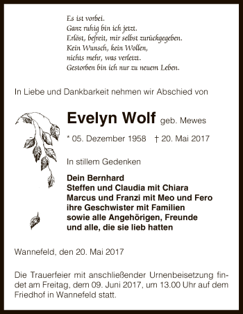 Traueranzeige von Evelyn Wolf von Uelzen