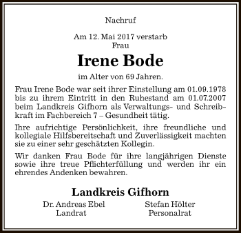 Traueranzeige von Irene Bode von Uelzen