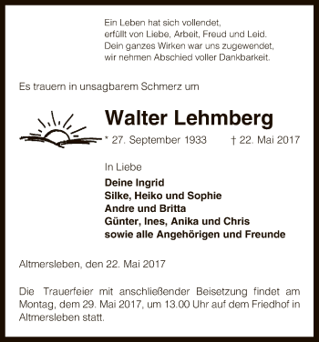 Traueranzeige von Walter Lehmberg von Uelzen