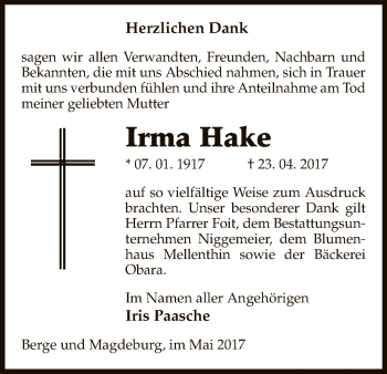 Traueranzeige von Irma Hake von Uelzen