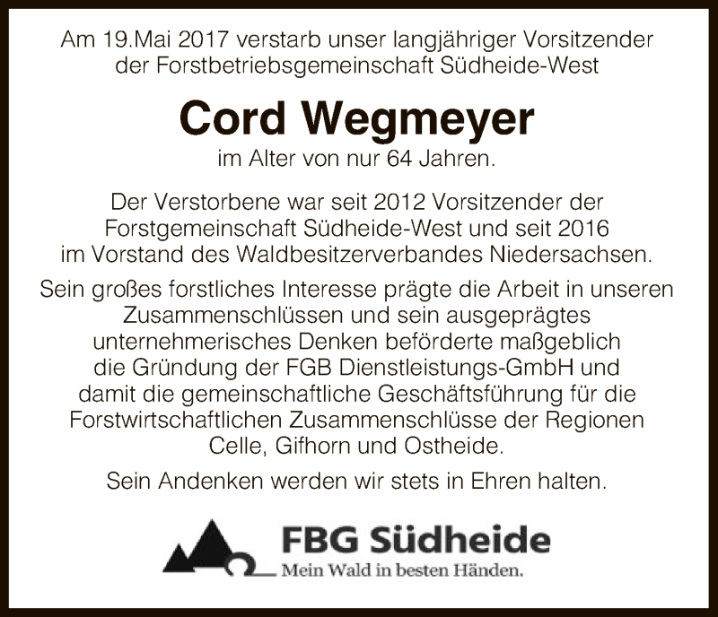  Traueranzeige für Cord Wegmeyer vom 26.05.2017 aus Uelzen