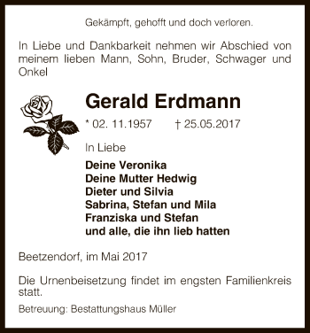 Traueranzeige von Gerald Erdmann von Uelzen