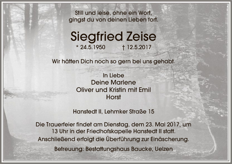  Traueranzeige für Siegfried Zeise vom 20.05.2017 aus Uelzen