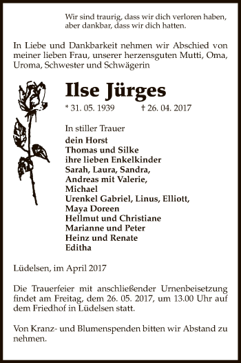 Traueranzeige von Ilse Jürges von Uelzen