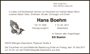Traueranzeige von Hans Boehm von Uelzen
