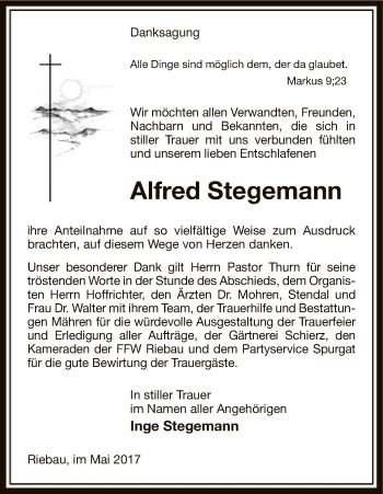 Traueranzeige von Alfred Stegemann von Uelzen