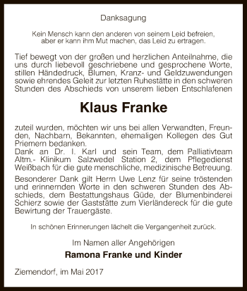 Traueranzeige von Klaus Franke von Uelzen