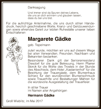 Traueranzeige von Margarete Gädke von Uelzen