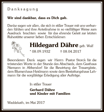 Traueranzeige von Hildegard Dähre von Uelzen