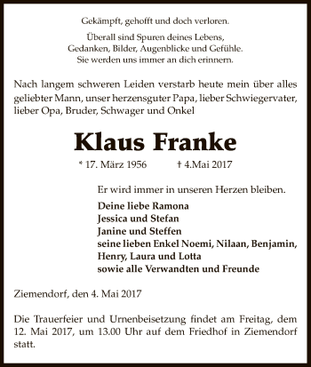 Traueranzeige von Klaus Franke von Uelzen