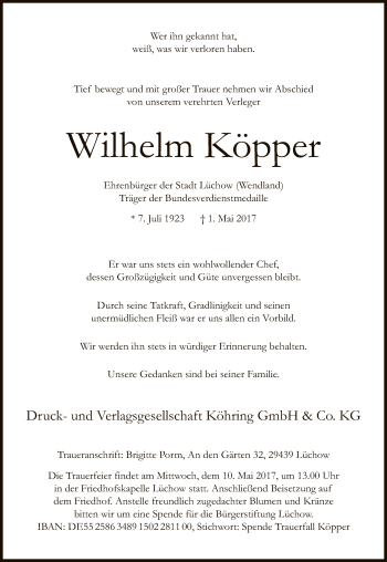 Traueranzeige von Wilhelm Köpper von Uelzen