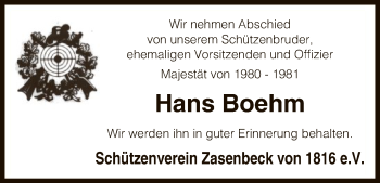 Traueranzeige von Hans Boehm von Uelzen