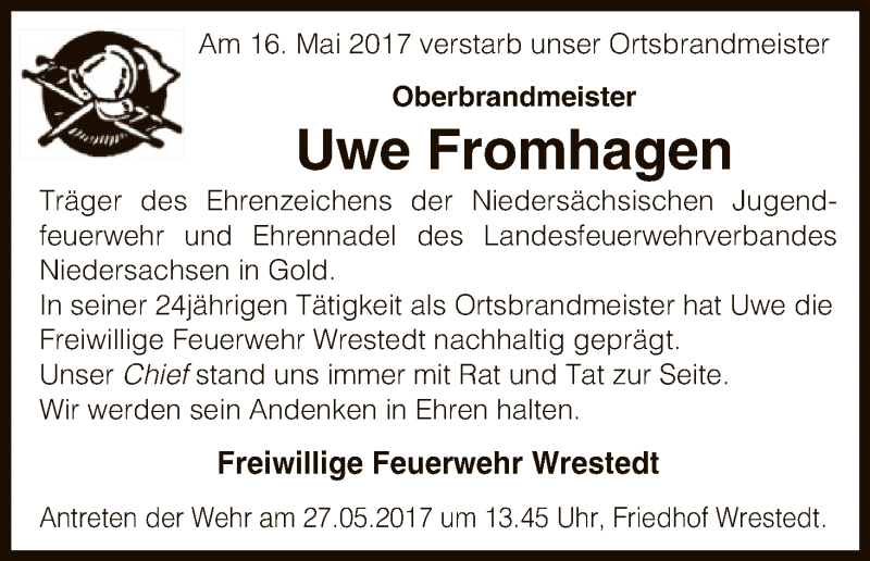  Traueranzeige für Uwe Fromhagen vom 20.05.2017 aus Uelzen