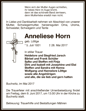 Traueranzeige von Anneliese Horn von Uelzen