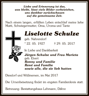 Traueranzeige von Liselotte Schulze von Uelzen