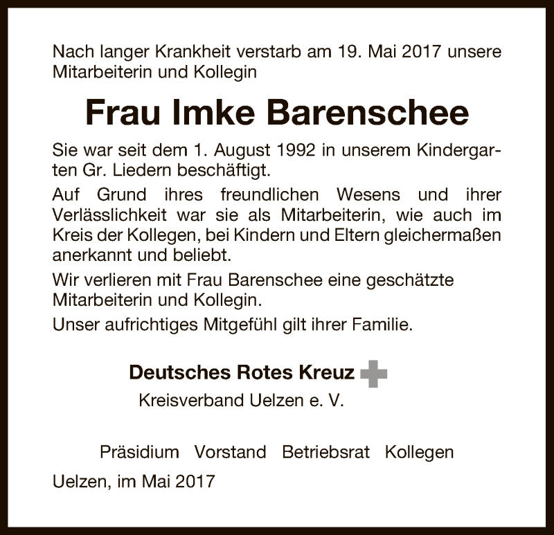  Traueranzeige für Imke Barenschee vom 24.05.2017 aus Uelzen
