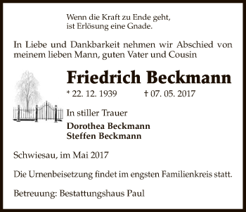 Traueranzeige von Friedrich Beckmann von Uelzen