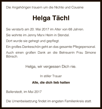 Traueranzeige von Helga Tächl von Uelzen