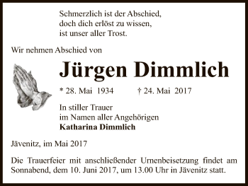 Traueranzeige von Jürgen Dimmlich von Uelzen