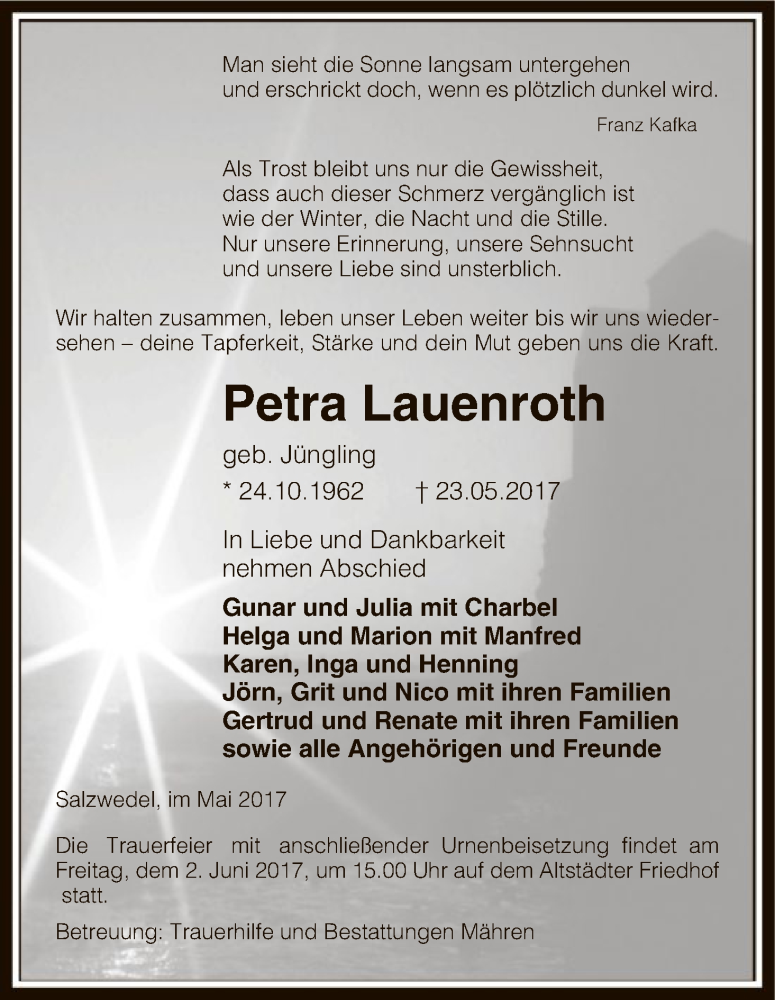  Traueranzeige für Petra Lauenroth vom 27.05.2017 aus Uelzen