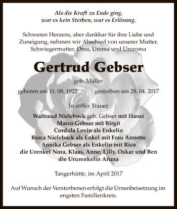 Traueranzeige von Gertrud Gebser von Uelzen