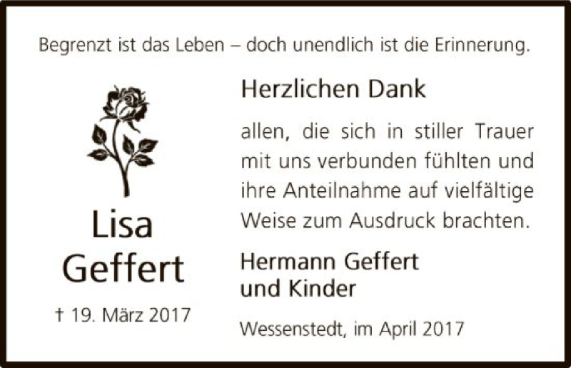  Traueranzeige für Lisa Geffert vom 29.04.2017 aus Uelzen