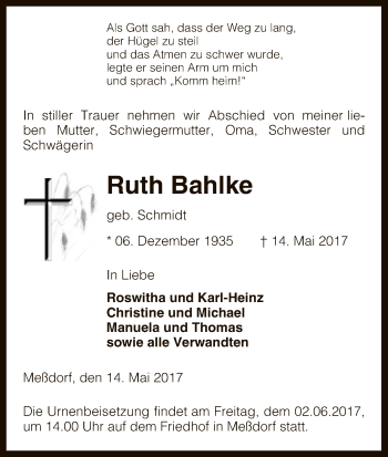 Traueranzeige von Ruth Bahlke von Uelzen