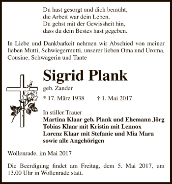 Traueranzeige von Sigrid Plank von Uelzen