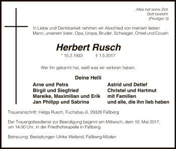 Traueranzeige von Herbert Rusch von Uelzen