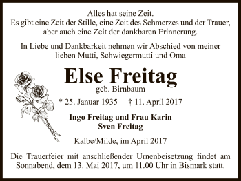 Traueranzeige von Else Freitag von Uelzen