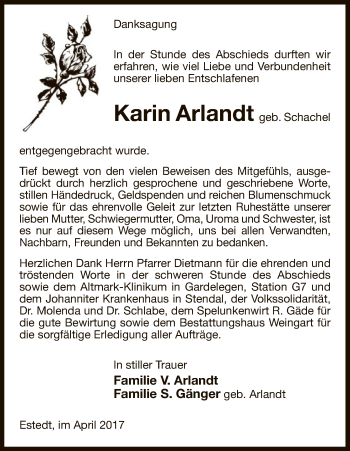 Traueranzeige von Karin Arlandt von Uelzen