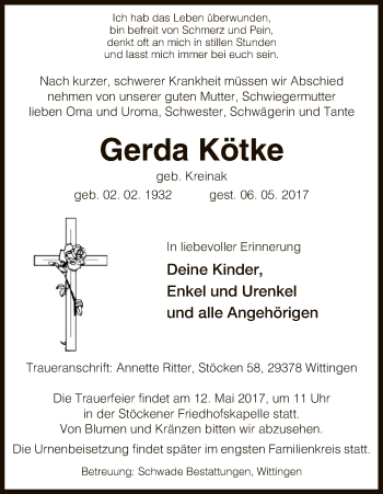 Traueranzeige von Gerda Kötke von Uelzen