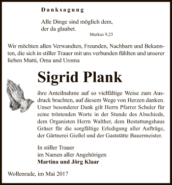 Traueranzeige von Sigrid Plank von Uelzen