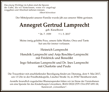 Traueranzeige von Annegret Gertrud Lamprecht von Uelzen