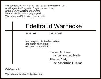 Traueranzeige von Edeltraud Warnecke von Uelzen