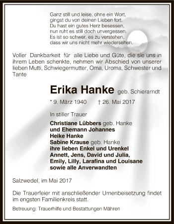 Traueranzeige von Erika Hanke von Uelzen