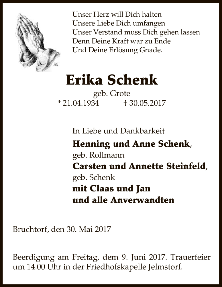  Traueranzeige für Erika Schenk vom 03.06.2017 aus Uelzen
