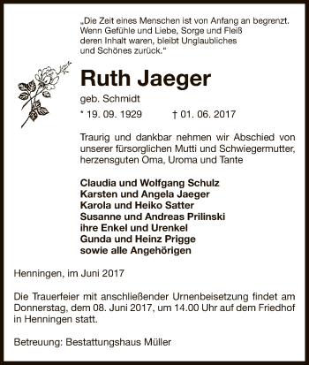 Traueranzeige von Ruth Jaeger von Uelzen