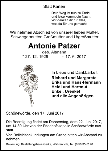 Traueranzeige von Antonie Patzer von Uelzen