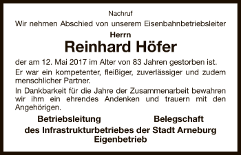 Traueranzeige von Reinhard Höfer von Uelzen