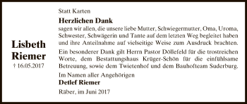 Traueranzeige von Lisbeth Riemer von Allgemeine Zeitung Uelzen