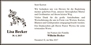 Traueranzeige von Lisa Becker von Uelzen