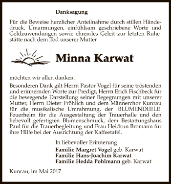 Traueranzeige von Minna Karwat von Allgemeine Zeitung Uelzen