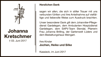 Traueranzeige von Johanna Kretschmer von Uelzen