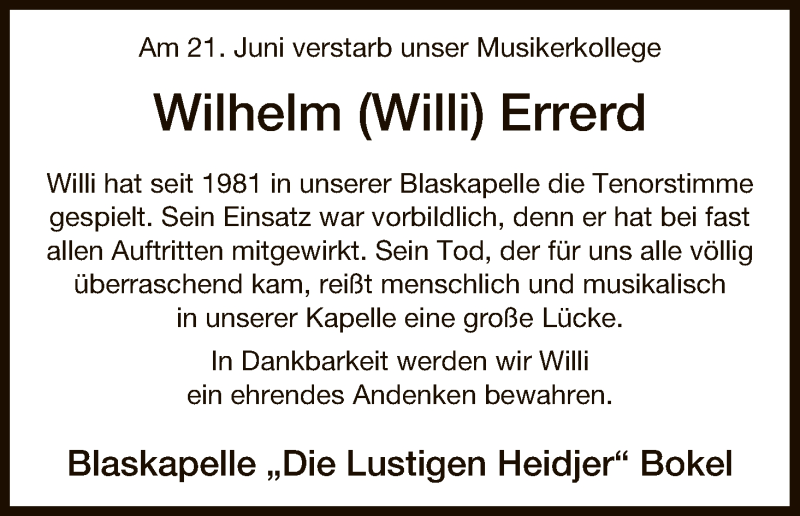  Traueranzeige für Wilhelm Errerd vom 24.06.2017 aus Uelzen