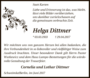 Traueranzeige von Helga Dittmer von Uelzen