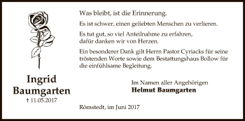 Traueranzeige von Ingrid Baumgarten von Uelzen