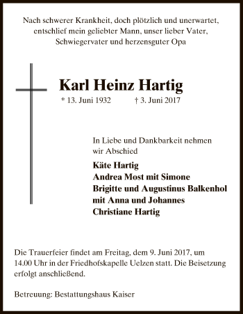 Traueranzeige von Karl Heinz Hartig von Uelzen